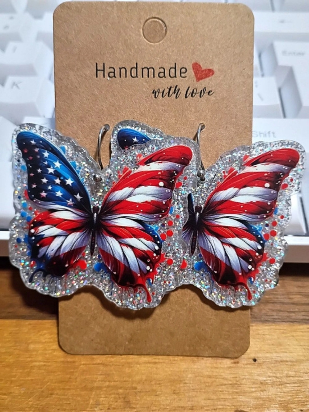 Sliver Glitter Patriotic Flag Butterfly Statement Earrings Red White And Blue